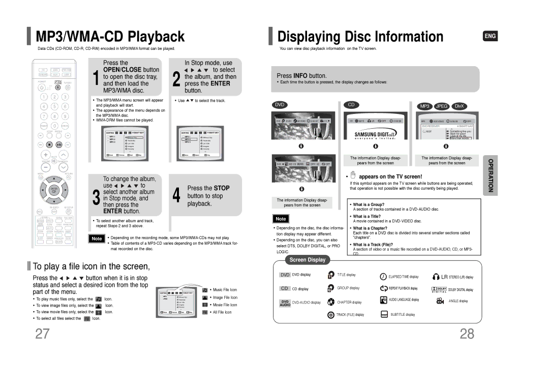 Samsung HT-Q70 MP3/WMA-CD Playback, Displaying Disc Information, To play a file icon in the screen, OPEN/CLOSE button 