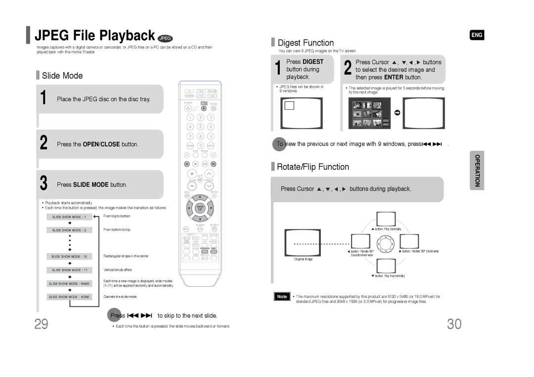 Samsung HT-Q70 instruction manual Jpeg File Playback Jpeg, Digest Function, Slide Mode, Rotate/Flip Function 