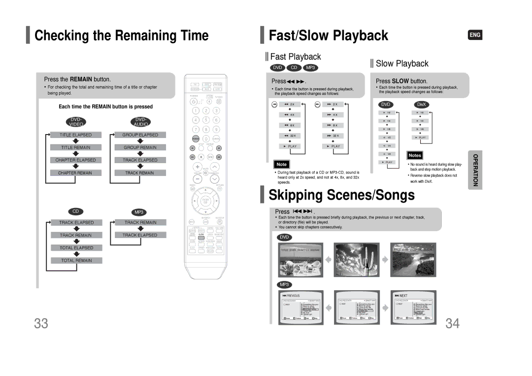 Samsung HT-Q70 instruction manual Skipping Scenes/Songs, Checking the Remaining Time, Slow Playback 