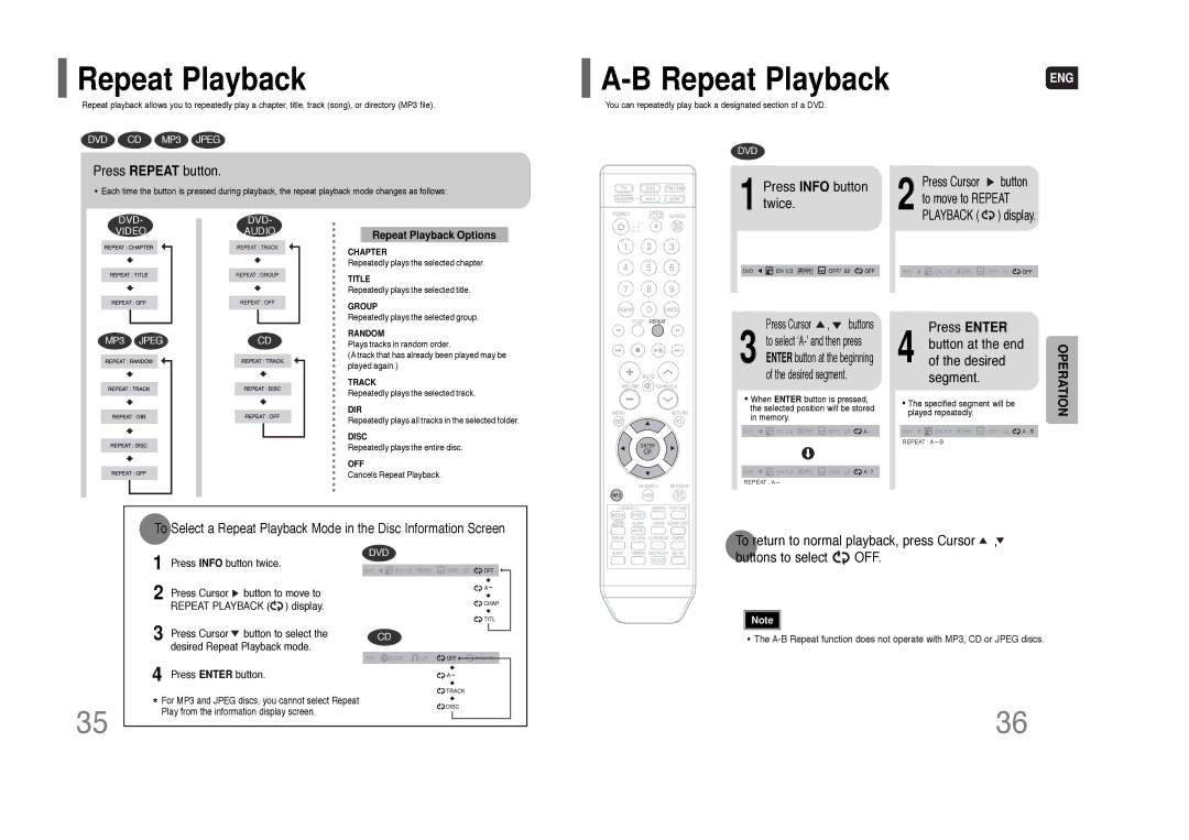 Samsung HT-Q70 Repeat Playback, Press Repeat button, Twice, Press Enter Button at the end of the desired segment 