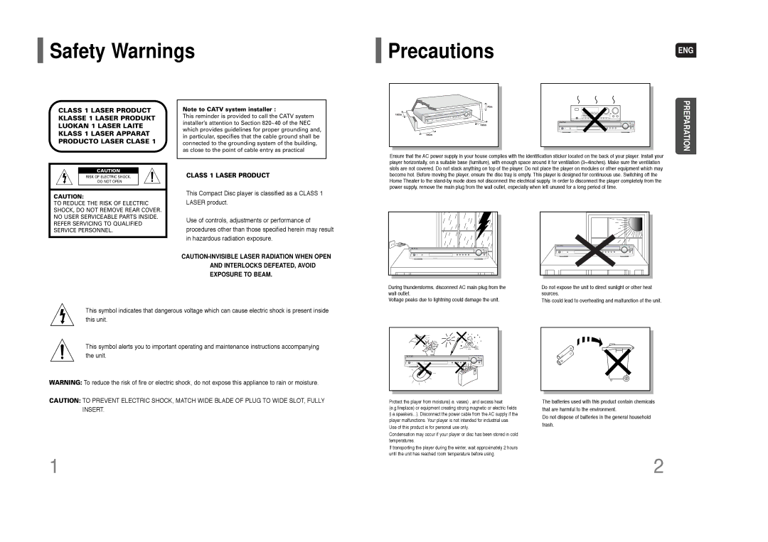 Samsung HT-Q70 instruction manual Safety Warnings PrecautionsENG, Class 1 Laser Product 