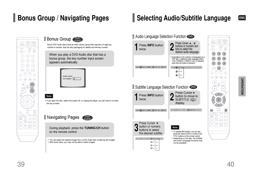 Samsung HT-Q70 Bonus Group DVD, Navigating Pages DVD, Press Cursor, Press Info button Button to move to 1twice 