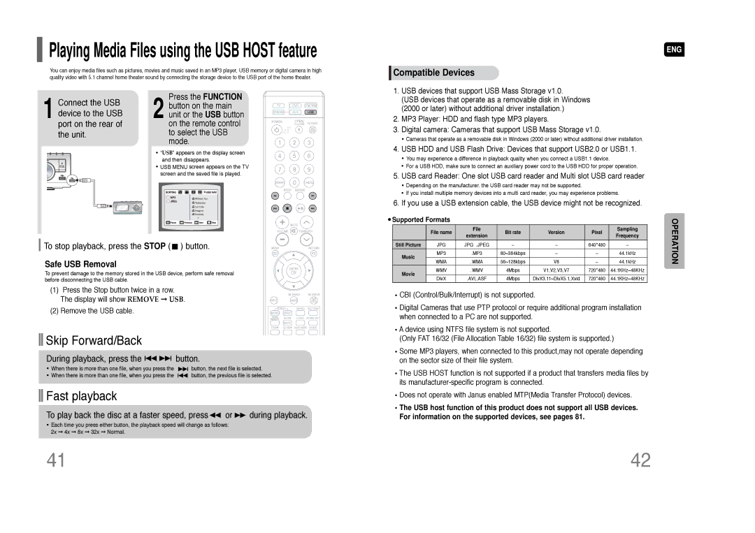 Samsung HT-Q70 instruction manual To stop playback, press the Stop button, Safe USB Removal, Supported Formats 