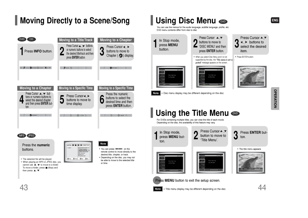 Samsung HT-Q70 instruction manual Using Disc Menu, Using the Title Menu DVD, Moving Directly to a Scene/Song 