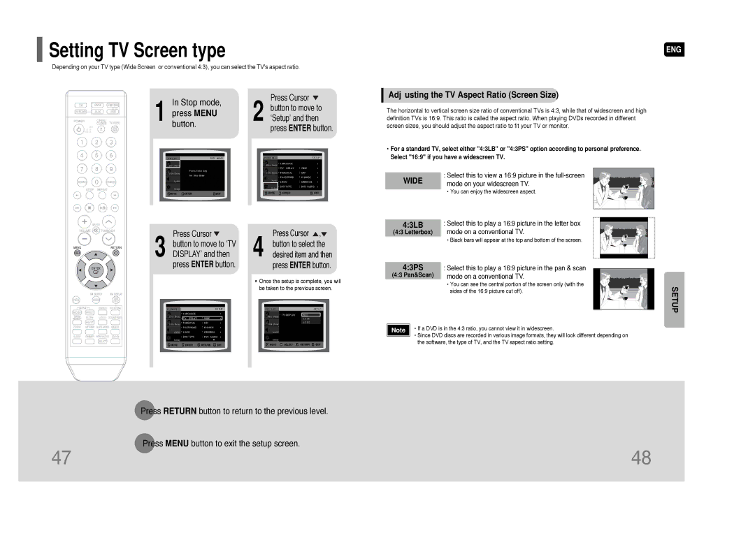 Samsung HT-Q70 instruction manual Setting TV Screen type, Adjusting the TV Aspect Ratio Screen Size 