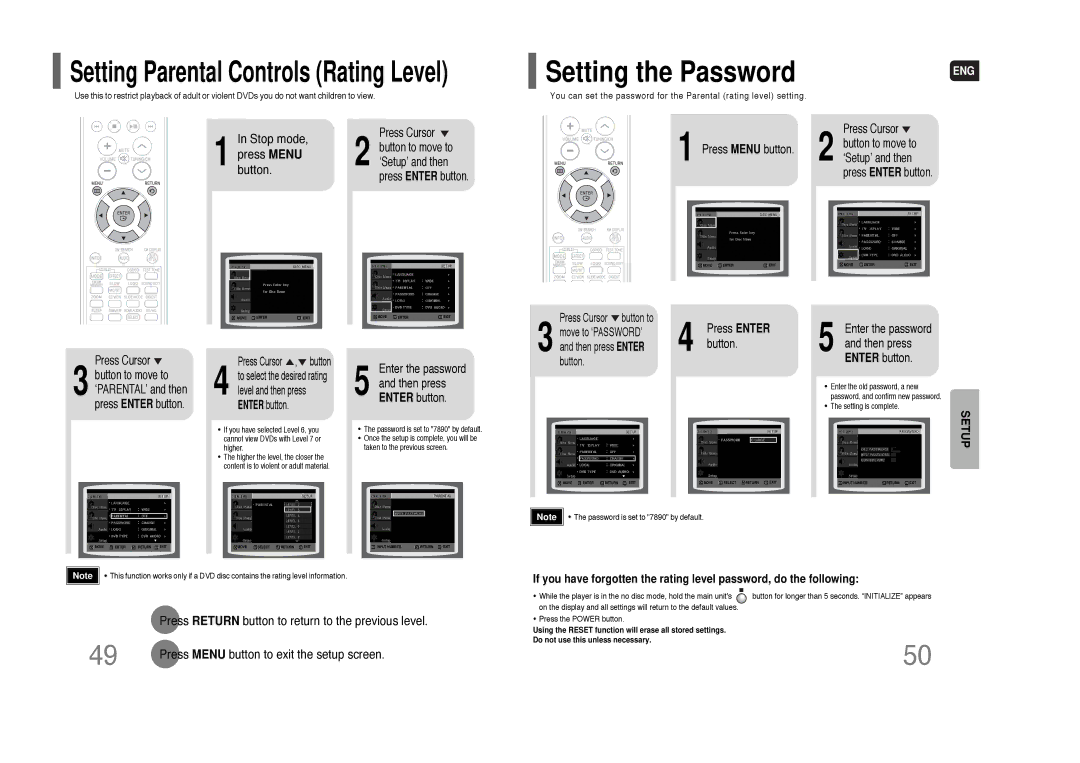 Samsung HT-Q70 instruction manual Setting the Password, Setting Parental Controls Rating Level 