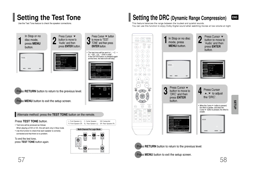 Samsung HT-Q70 instruction manual Setting the Test Tone, Disc mode, Stop or no disc mode, press Menu button 