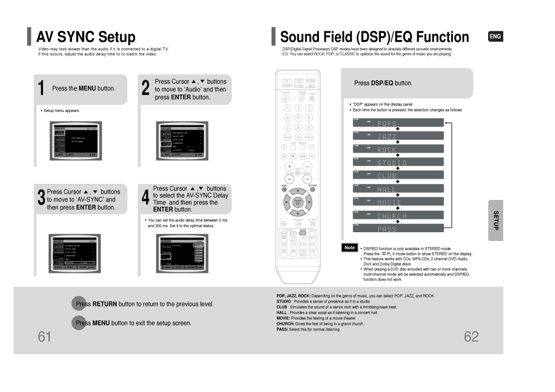 Samsung HT-Q70 instruction manual AV Sync Setup, Sound Field DSP/EQ Function, Press DSP/EQ button 