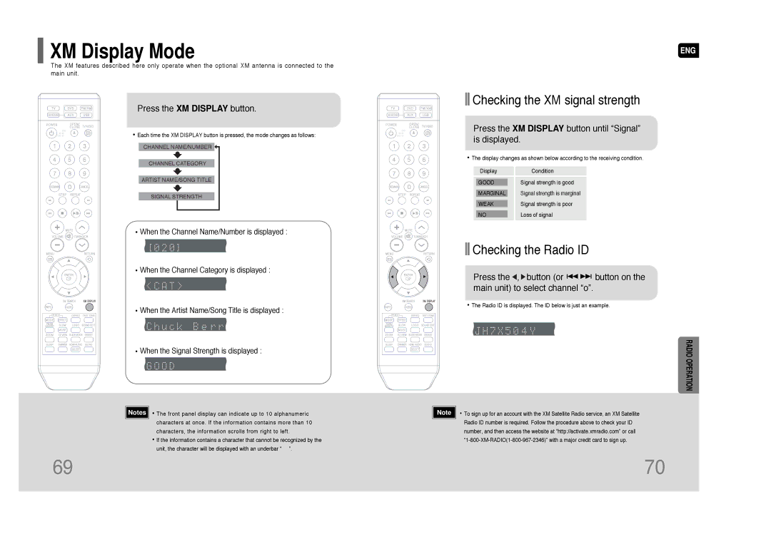 Samsung HT-Q70 instruction manual XM Display Mode, Checking the XM signal strength, Checking the Radio ID 