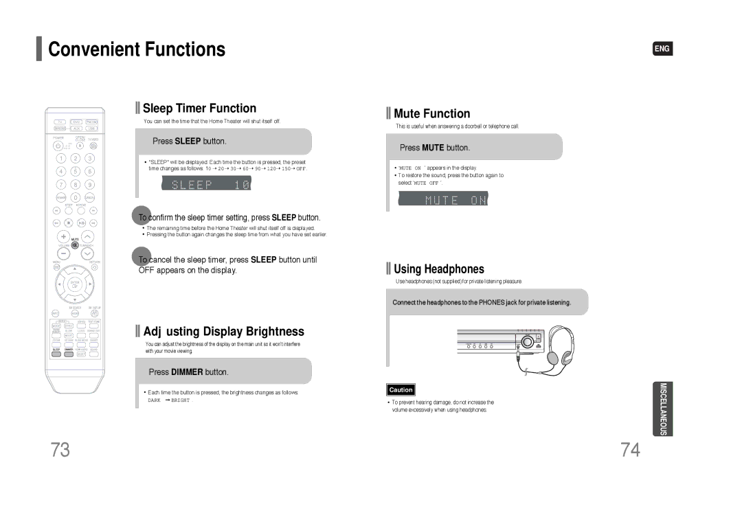 Samsung HT-Q70 instruction manual Convenient Functions, Press Sleep button, Press Dimmer button, Press Mute button 