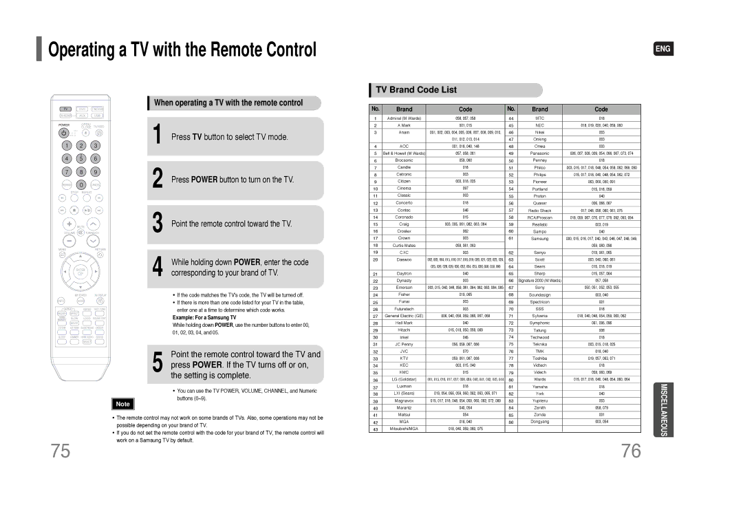 Samsung HT-Q70 instruction manual Operating a TV with the Remote Control 