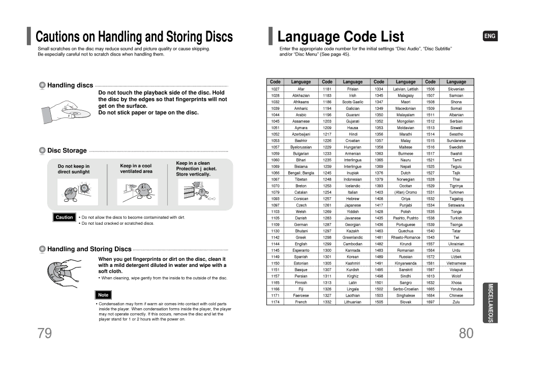 Samsung HT-Q70 instruction manual Language Code List, Handling discs 