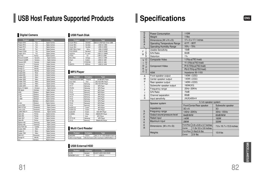 Samsung HT-Q70 instruction manual SpecificationsENG, Digital Camera 