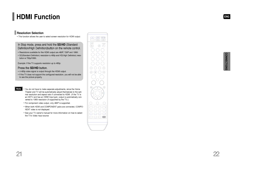 Samsung HT-Q80 HT-TQ85 Hdmi Function, Resolution Selection, Connecting an External Digital / Analog Component 