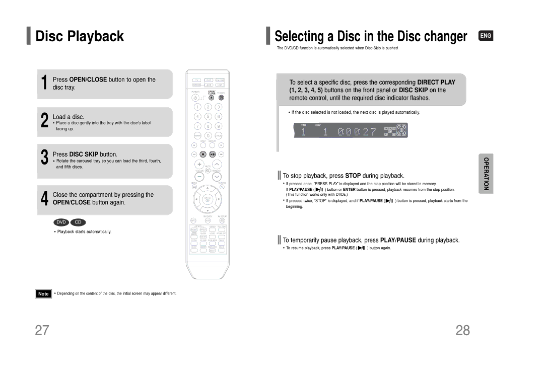 Samsung HT-Q80 HT-TQ85 Disc Playback, Press OPEN/CLOSE button to open the disc tray Load a disc, Press Disc Skip button 