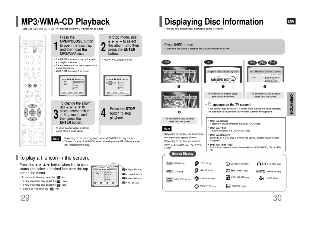 Samsung HT-Q80 HT-TQ85 MP3/WMA-CD Playback, Displaying Disc Information, To play a file icon in the screen 