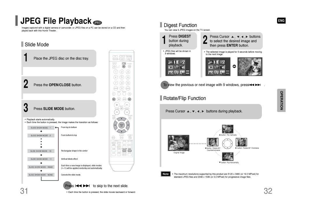 Samsung HT-Q80 HT-TQ85 instruction manual Jpeg File Playback Jpeg, Digest Function, Slide Mode, Rotate/Flip Function 