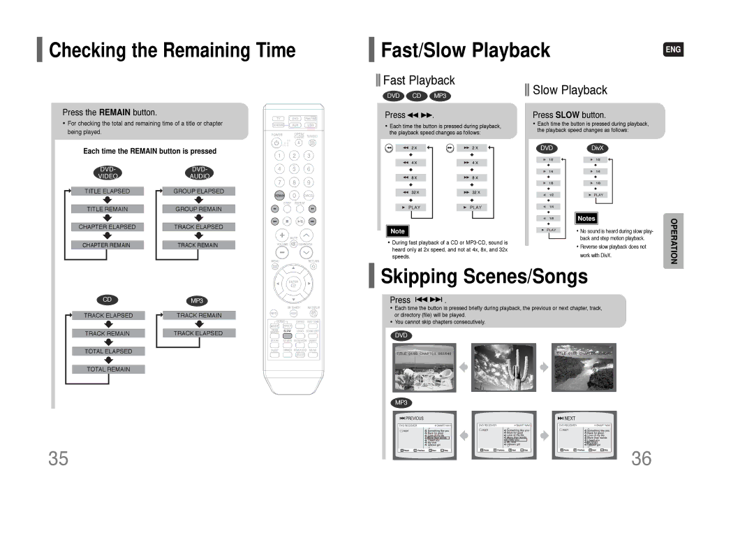 Samsung HT-Q80 HT-TQ85 instruction manual Fast/Slow Playback, Skipping Scenes/Songs, Checking the Remaining Time 