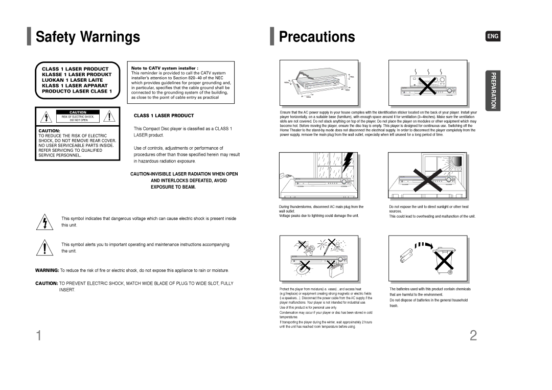 Samsung HT-Q80 HT-TQ85 instruction manual Safety Warnings PrecautionsENG, Class 1 Laser Product 