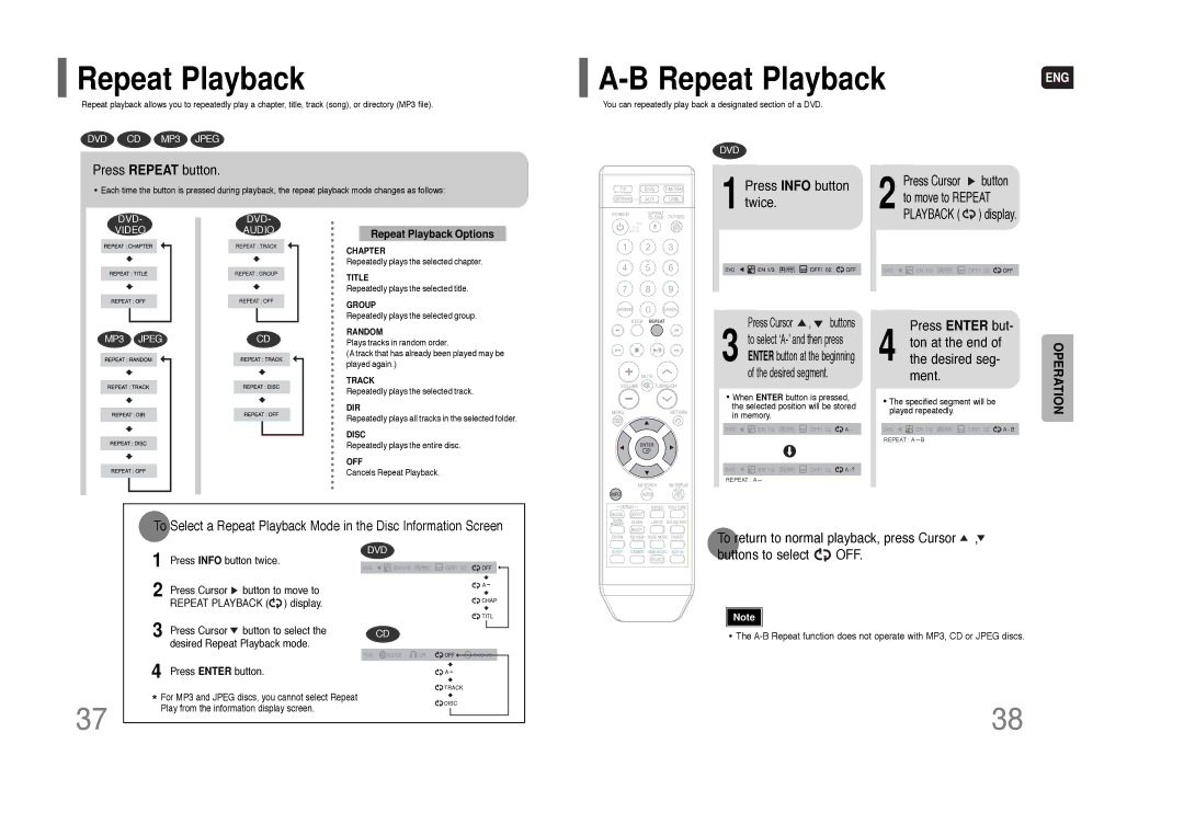 Samsung HT-Q80 HT-TQ85 instruction manual Press Repeat button, Twice, Repeat Playback Options 