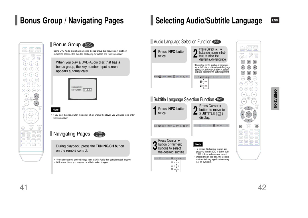 Samsung HT-Q80 HT-TQ85 Bonus Group DVD, Navigating Pages DVD, Press Cursor, Press Info button Button to move to 1twice 