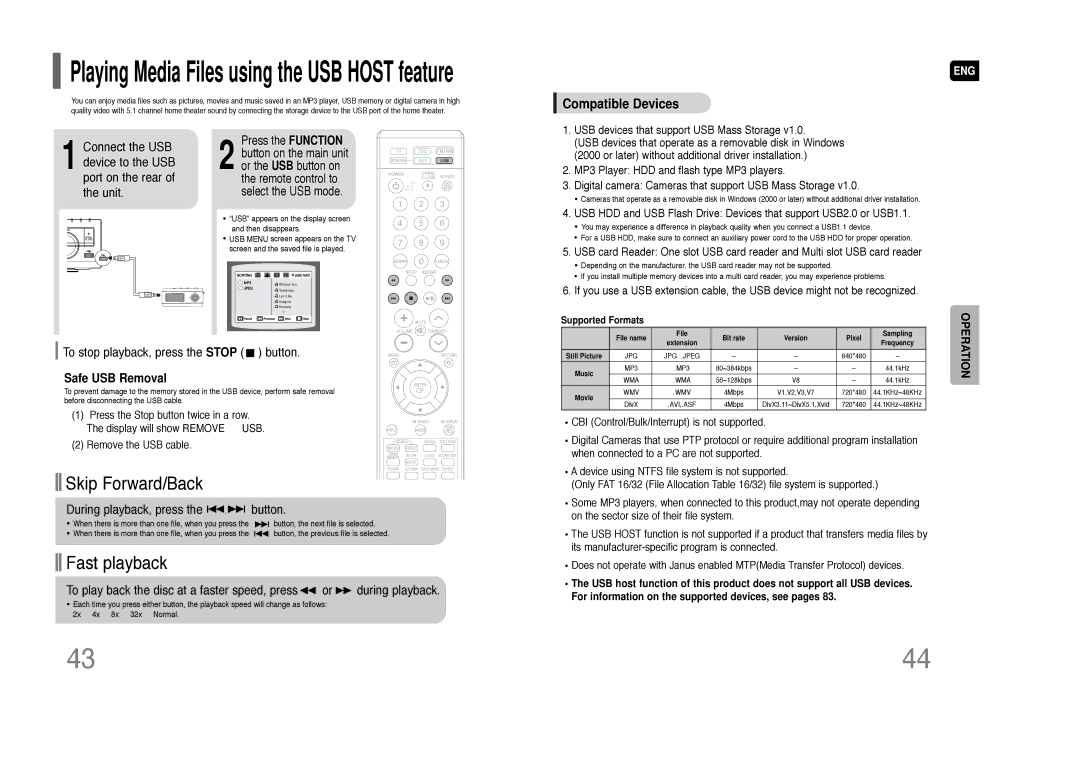 Samsung HT-Q80 HT-TQ85 instruction manual To stop playback, press the Stop button, Safe USB Removal, Supported Formats 