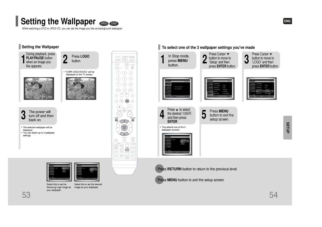 Samsung HT-Q80 HT-TQ85 instruction manual Setting the Wallpaper Jpeg DVD, Power will turn off and then back on 