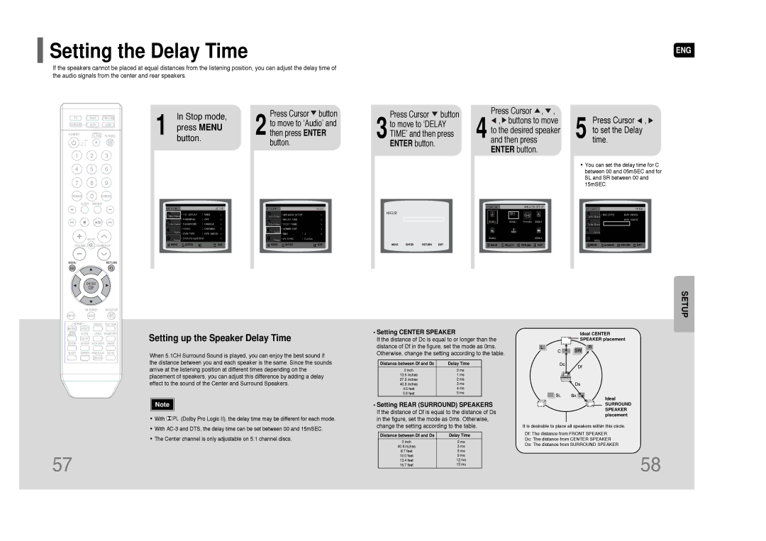 Samsung HT-Q80 HT-TQ85 instruction manual Setting the Delay Time, Setting Center Speaker, Setting Rear Surround Speakers 