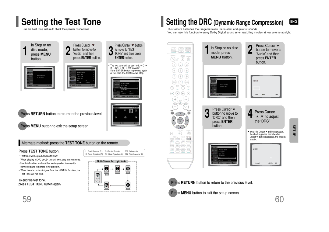 Samsung HT-Q80 HT-TQ85 instruction manual Setting the Test Tone, Disc mode, Stop or no disc mode, press Menu button 