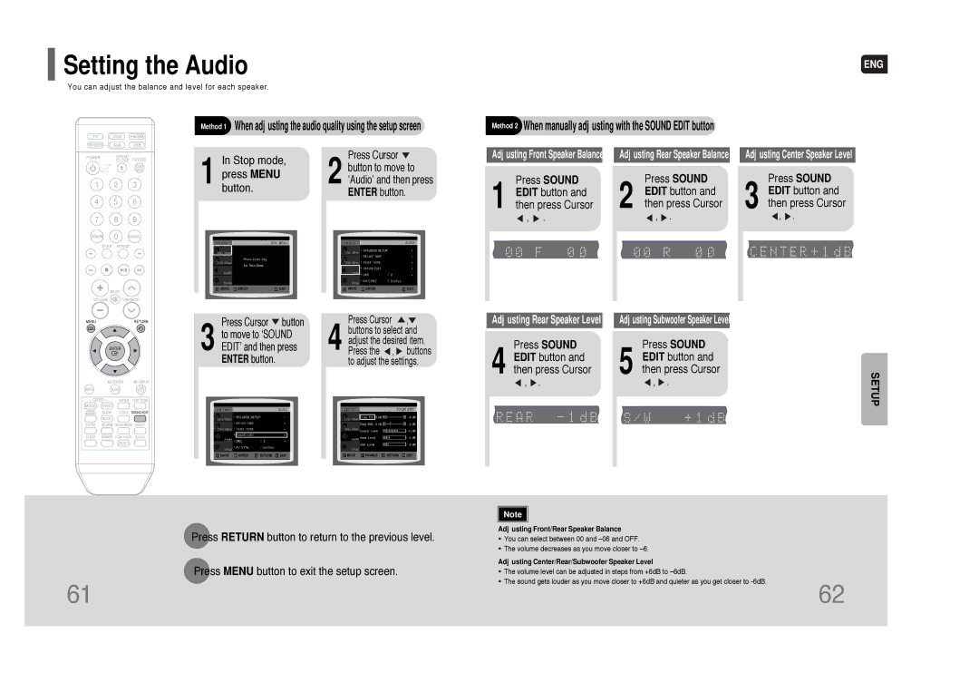 Samsung HT-Q80 HT-TQ85 instruction manual Setting the Audio, Enter button 