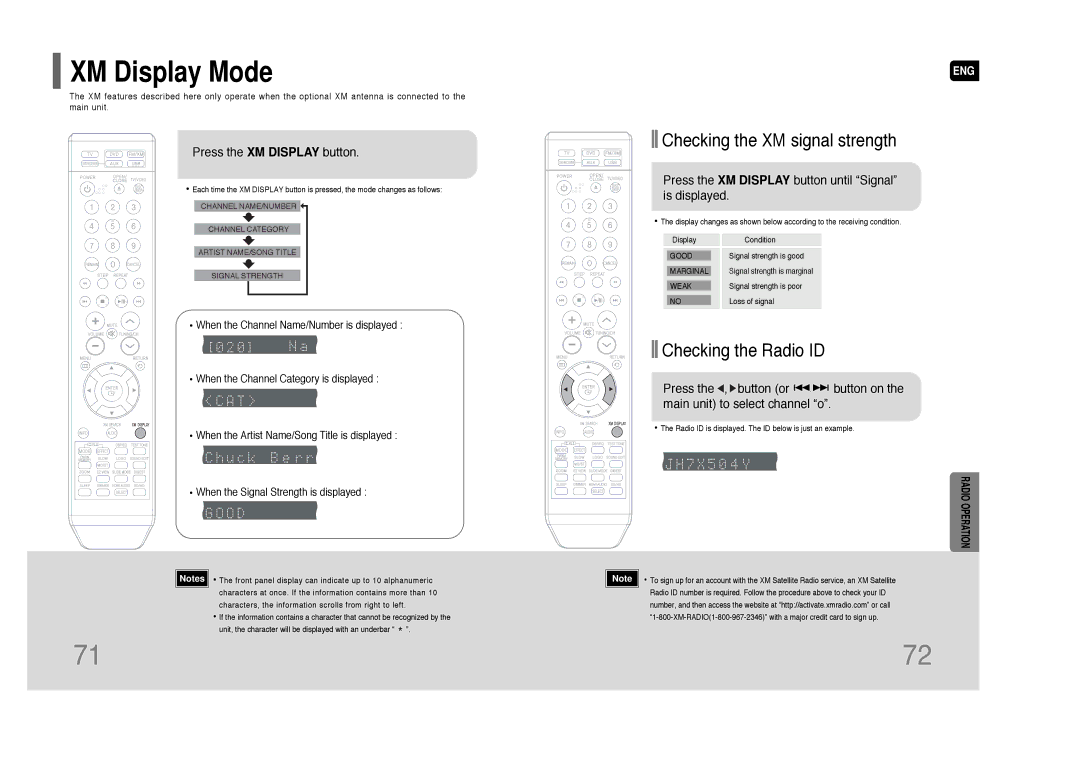 Samsung HT-Q80 HT-TQ85 instruction manual XM Display Mode, Checking the XM signal strength, Checking the Radio ID 