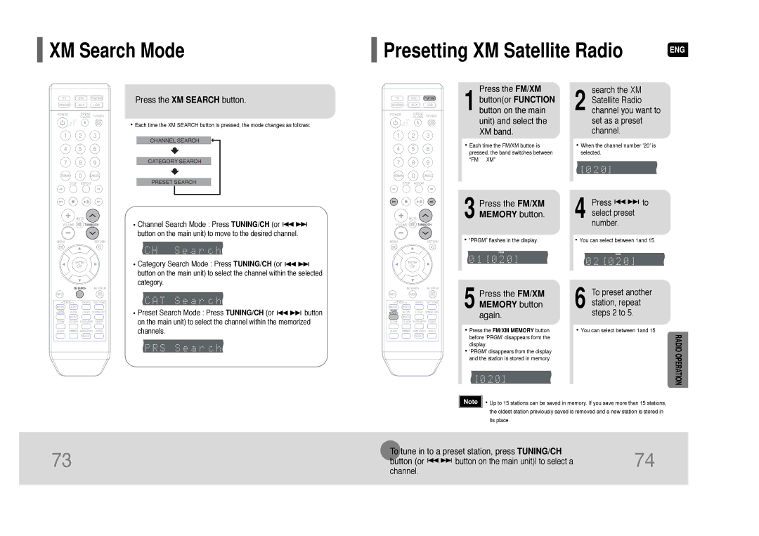 Samsung HT-Q80 HT-TQ85 Presetting XM Satellite Radio, Press the XM Search button, Press the FM/XM Memory button again 