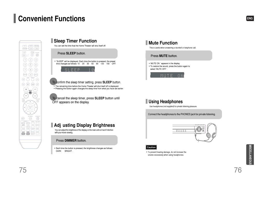 Samsung HT-Q80 HT-TQ85 instruction manual Convenient Functions, Press Sleep button, Press Dimmer button, Press Mute button 