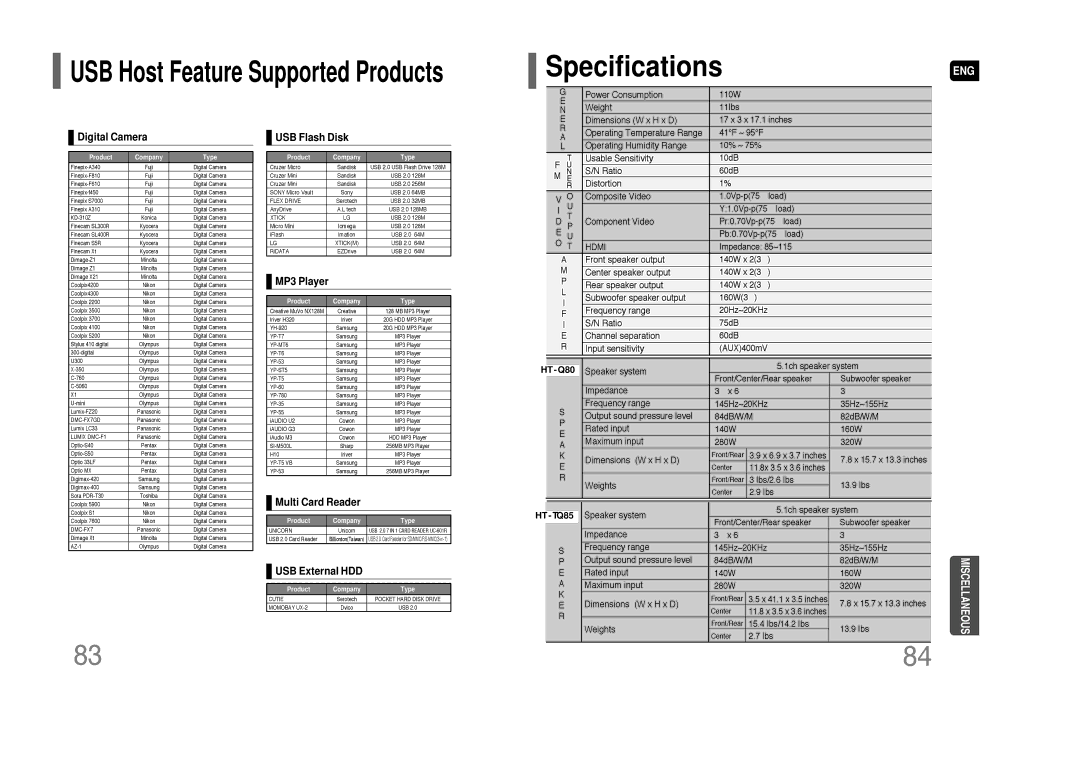 Samsung HT-Q80 HT-TQ85 instruction manual Specifications 