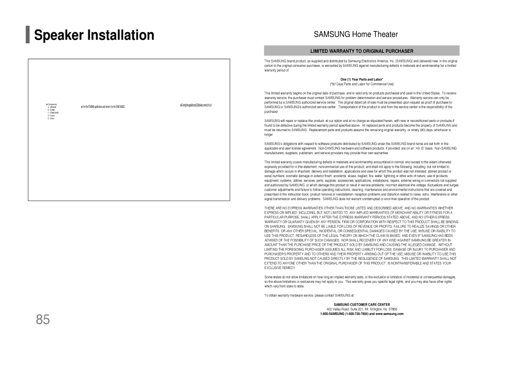 Samsung HT-Q80 HT-TQ85 instruction manual Speaker Installation, Samsung Home Theater 