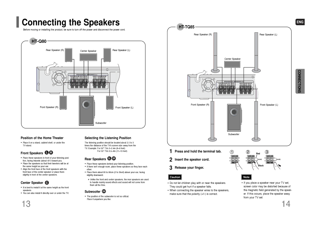 Samsung HT-Q80 HT-TQ85 instruction manual Connecting the Speakers 