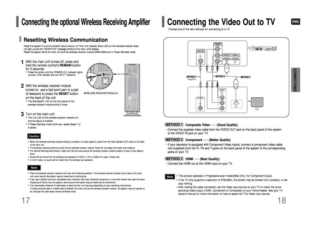 Samsung HT-Q80 HT-TQ85 instruction manual Resetting Wireless Communication, Connecting the Video Out to TV, Connections 