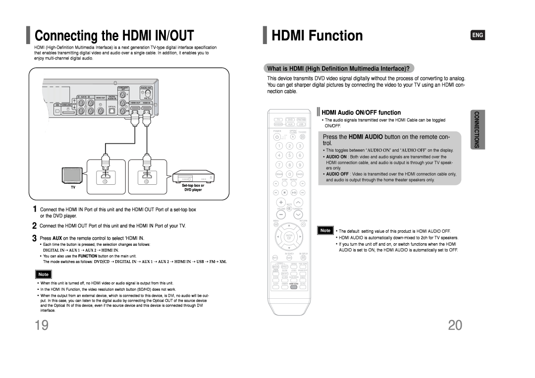 Samsung HT-Q80 HT-TQ85 HDMI Function, Connecting the HDMI IN/OUT, HDMI Audio ON/OFF function, Press, trol 