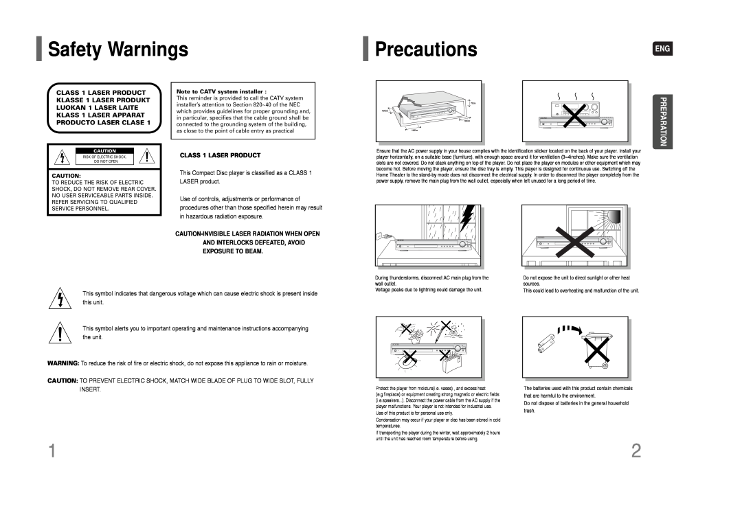 Samsung HT-Q80 HT-TQ85 instruction manual Safety Warnings, PrecautionsENG, Preparation, CLASS 1 LASER PRODUCT 