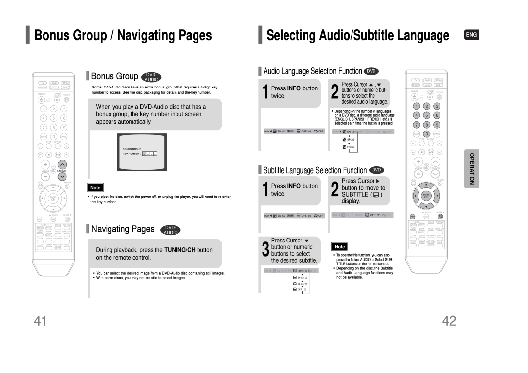 Samsung HT-Q80 HT-TQ85 Bonus Group / Navigating Pages, Selecting Audio/Subtitle Language, Bonus Group DVD, Press Cursor 