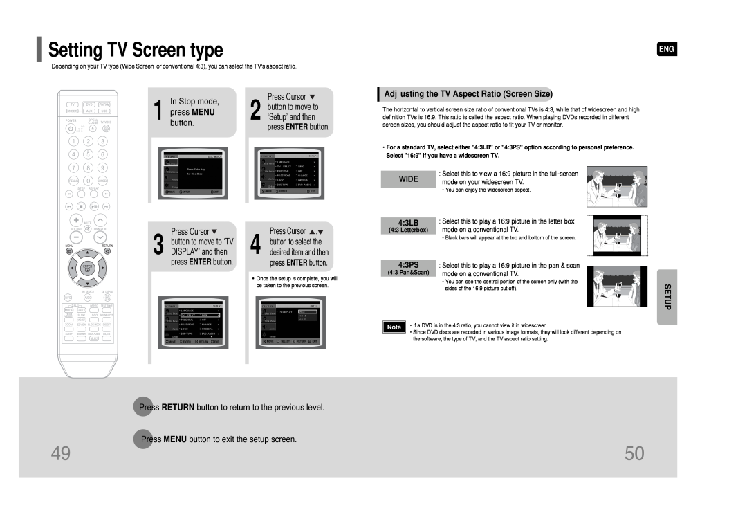 Samsung HT-Q80 HT-TQ85 Setting TV Screen type, In Stop mode, press MENU, button, Adjusting the TV Aspect Ratio Screen Size 