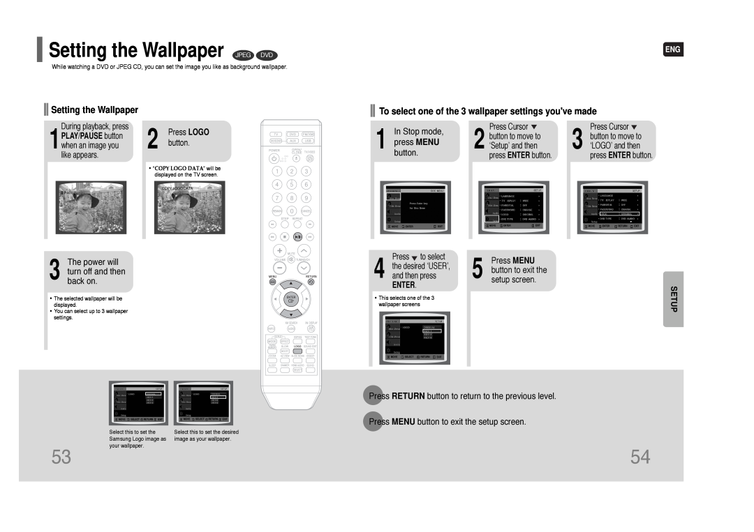 Samsung HT-Q80 HT-TQ85 instruction manual Setting the Wallpaper JPEG DVD, In Stop mode, press MENU, button, Setup, Enter 