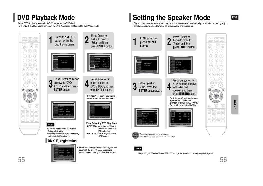 Samsung HT-Q80 HT-TQ85 Setting the Speaker Mode, DVD Playback Mode, DivX R registration, In Stop mode, press MENU, button 