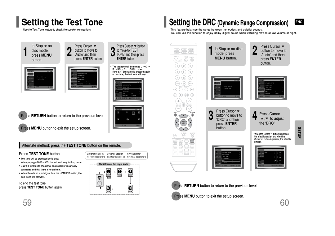 Samsung HT-Q80 HT-TQ85 instruction manual Setting the Test Tone, Setting the DRC Dynamic Range Compression, Setup 