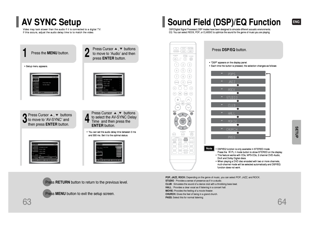 Samsung HT-Q80 HT-TQ85 instruction manual AV SYNC Setup, Sound Field DSP/EQ Function 
