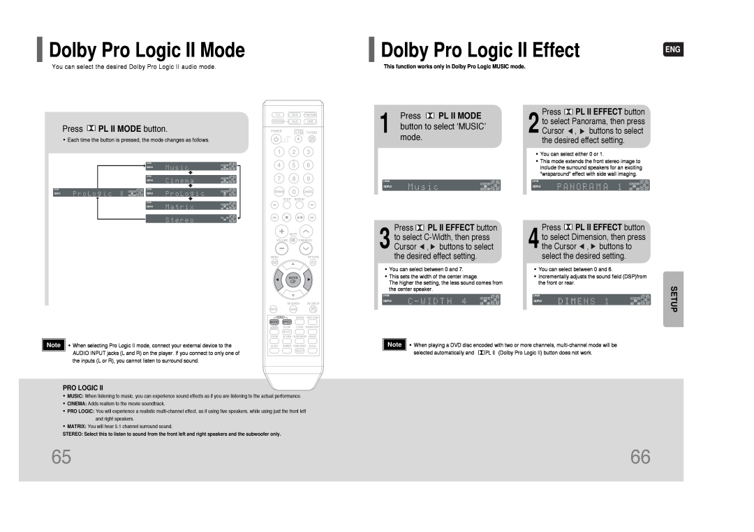 Samsung HT-Q80 HT-TQ85 Dolby Pro Logic II Mode, Dolby Pro Logic II Effect, Press PL II MODE button, mode, Setup 
