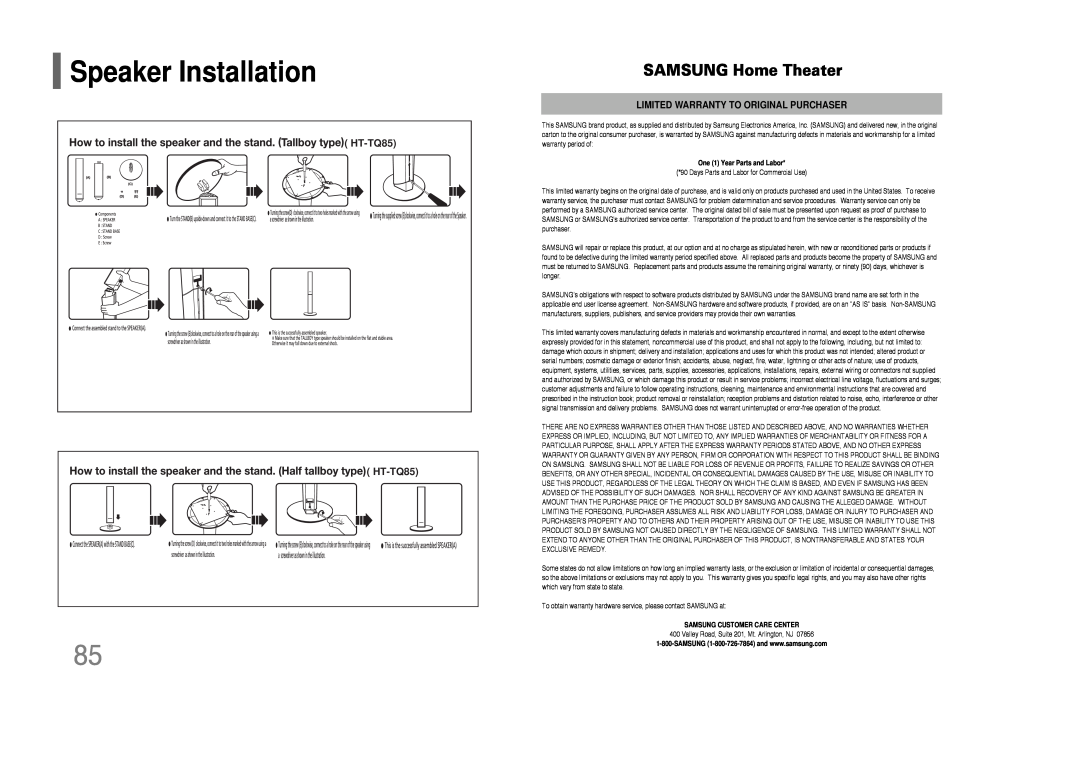 Samsung HT-Q80 HT-TQ85 Speaker Installation, SAMSUNG Home Theater, Limited Warranty To Original Purchaser 