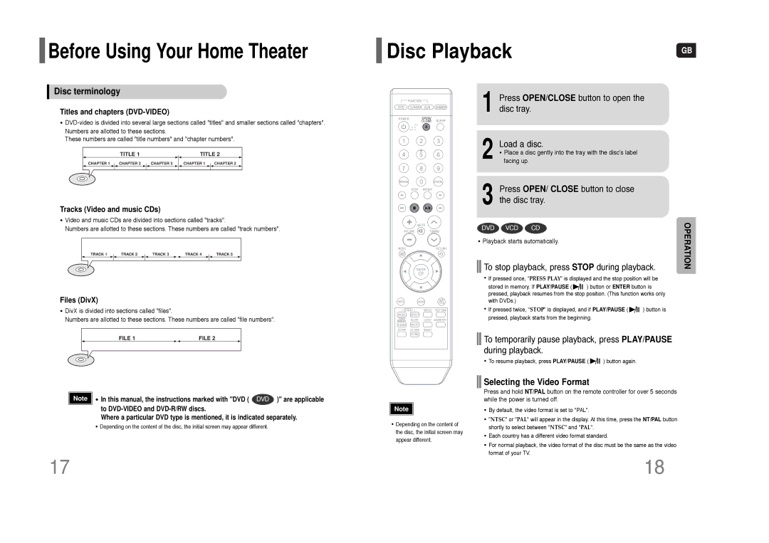 Samsung HT-Q9 Disc terminology, Press OPEN/CLOSE button to open the disc tray Load a disc, Selecting the Video Format 