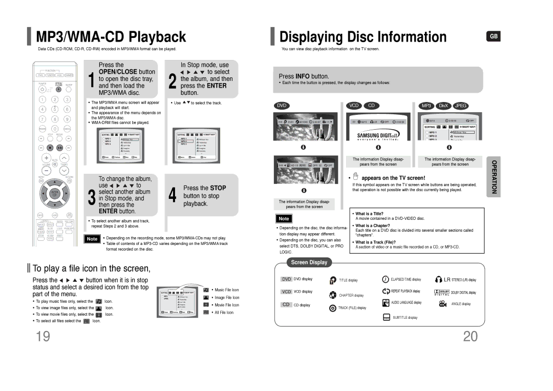 Samsung HT-Q9 instruction manual MP3/WMA-CD Playback, Displaying Disc Information, OPEN/CLOSE button 