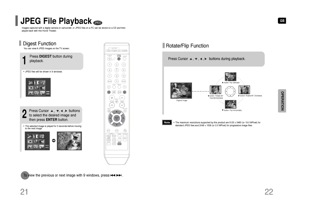 Samsung HT-Q9 Jpeg File Playback Jpeg, Press Digest button during Playback, Press Cursor , , , buttons during playback 